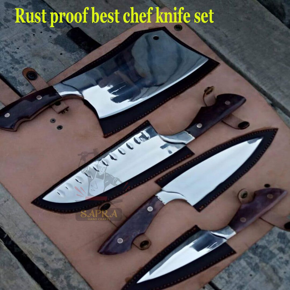 4Piece Handcrafted Kitchen Knife Set With Leather Roll Bag 5