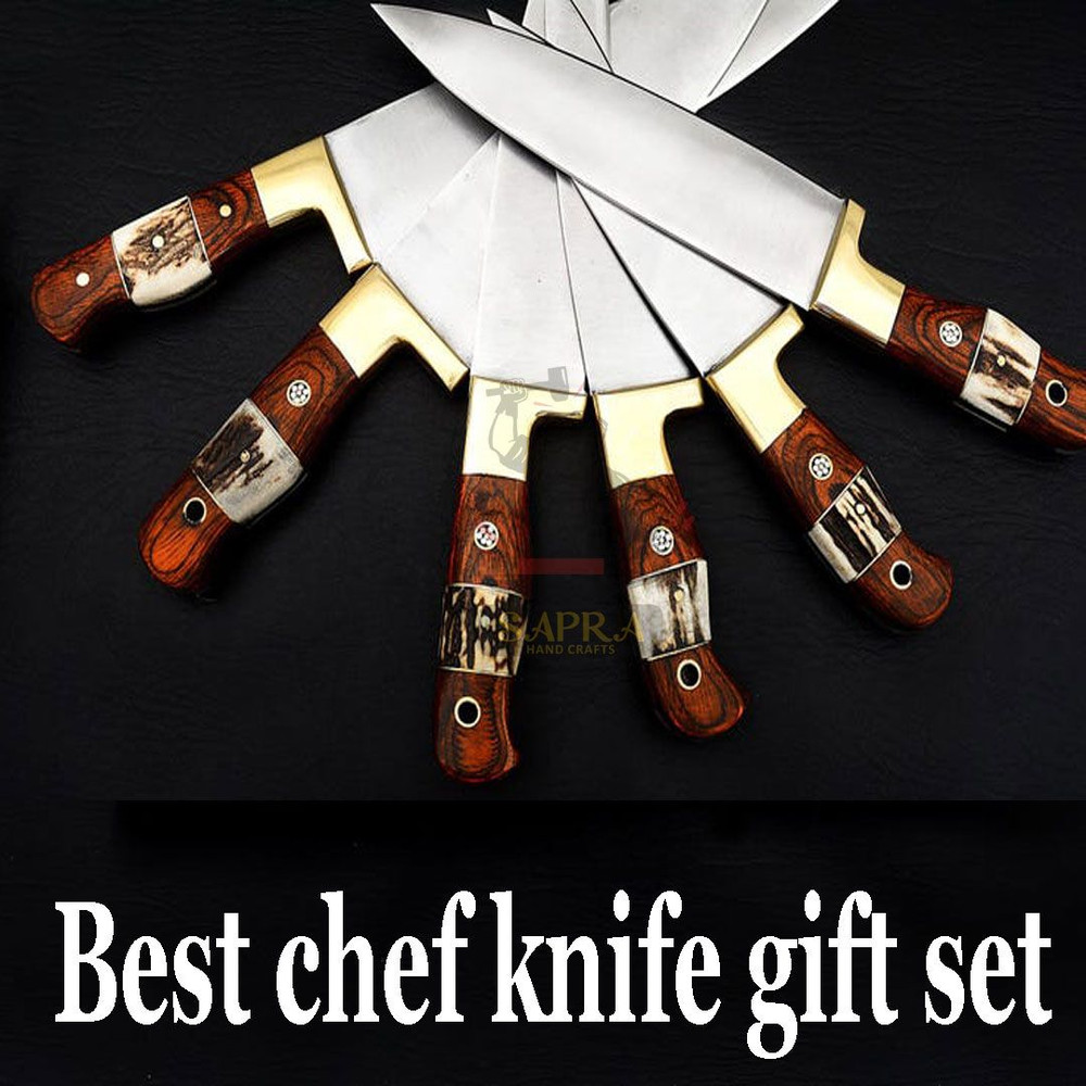 Custom Handmade J2 Steel 6Piece Chef Knife Set With Leather Roll Bag Sharpener 5
