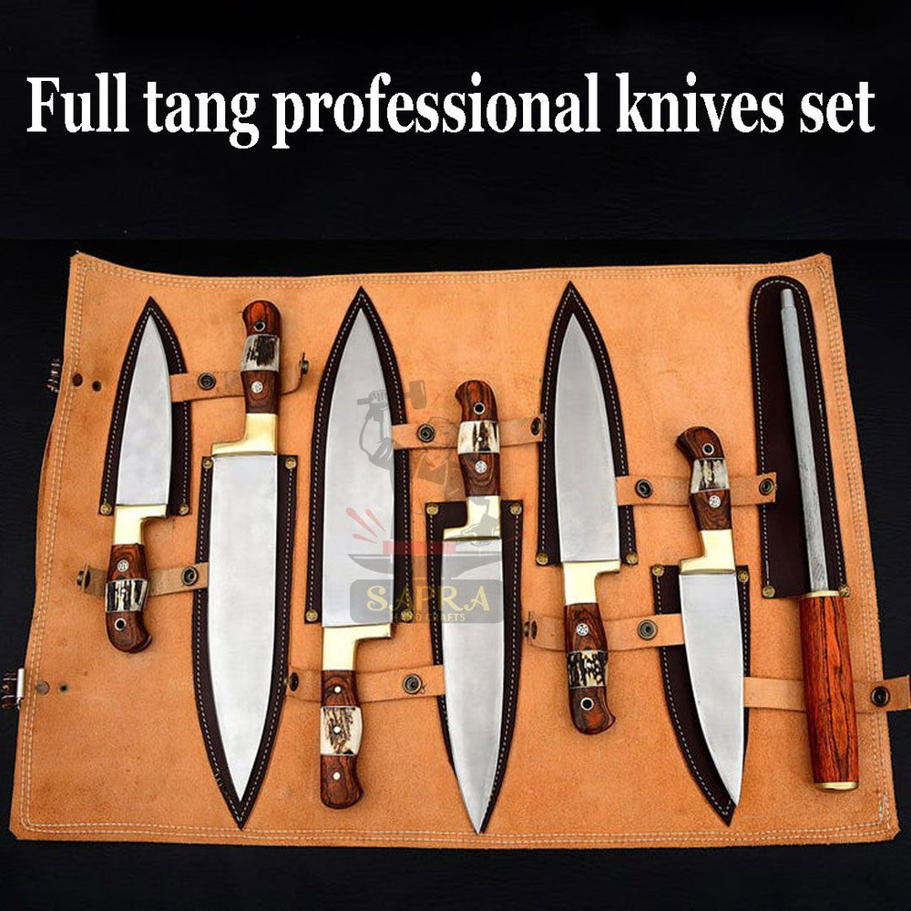 Custom Handmade J2 Steel 6Piece Chef Knife Set With Leather Roll Bag Sharpener 0