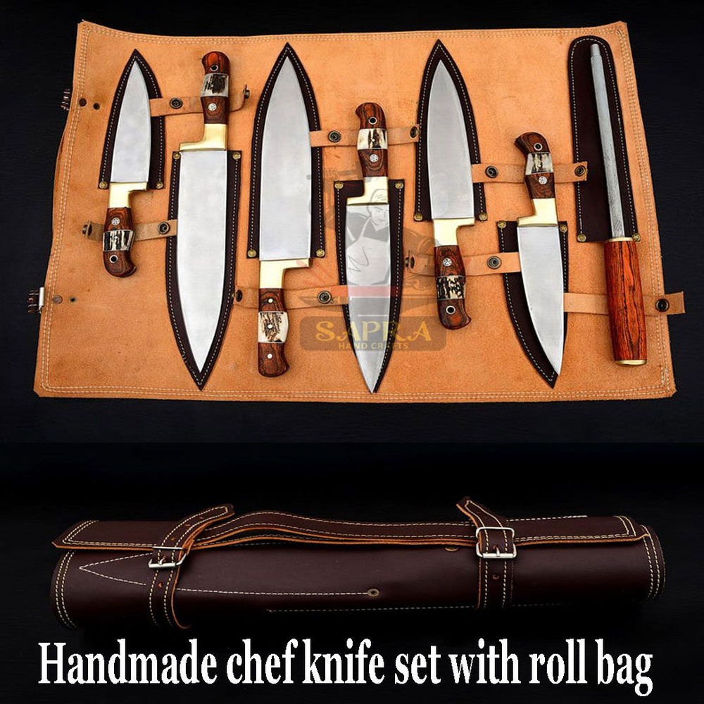 Custom Handmade J2 Steel 6Piece Chef Knife Set With Leather Roll Bag Sharpener 1