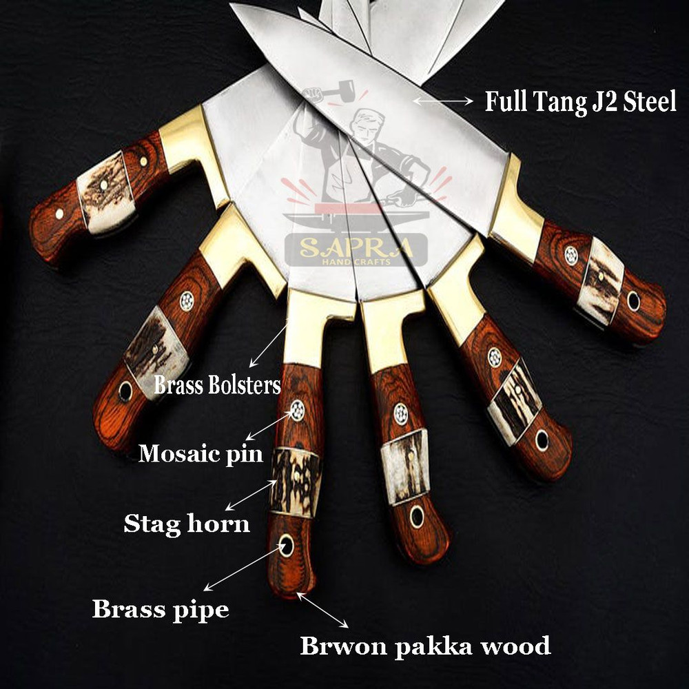 Custom Handmade J2 Steel 6Piece Chef Knife Set With Leather Roll Bag Sharpener 2