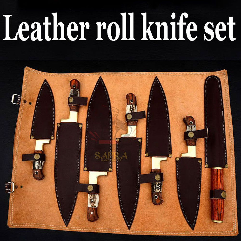 Custom Handmade J2 Steel 6Piece Chef Knife Set With Leather Roll Bag Sharpener 3
