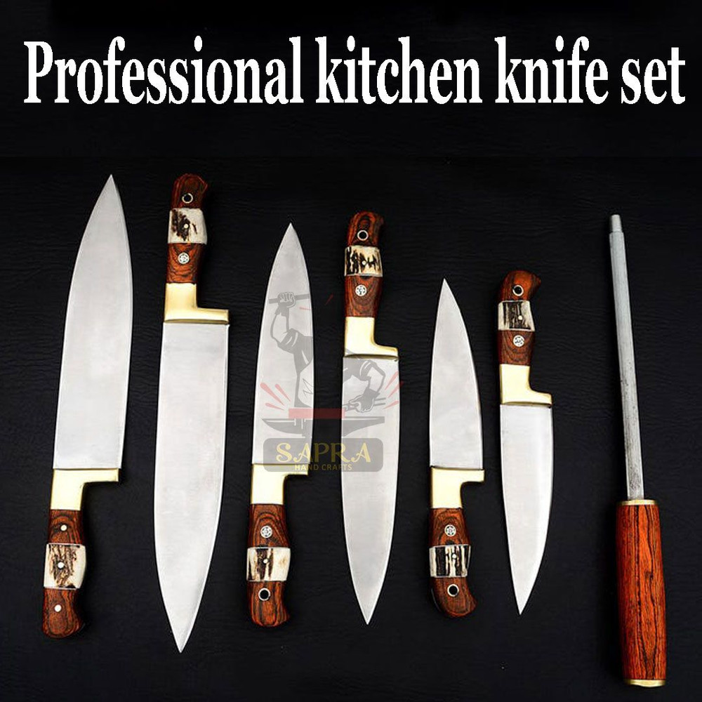 Custom Handmade J2 Steel 6Piece Chef Knife Set With Leather Roll Bag Sharpener 4