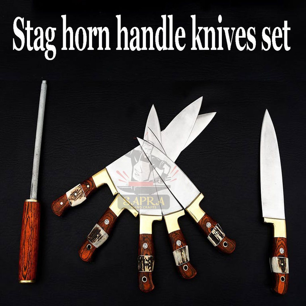 Custom Handmade J2 Steel 6Piece Chef Knife Set With Leather Roll Bag Sharpener 6