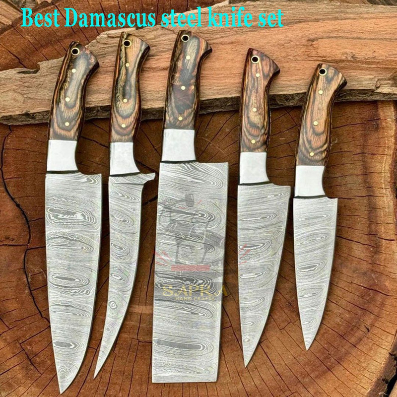 5piece Handmade Damascus Steel Kitchen Knife Set Leather Roll Bag 0