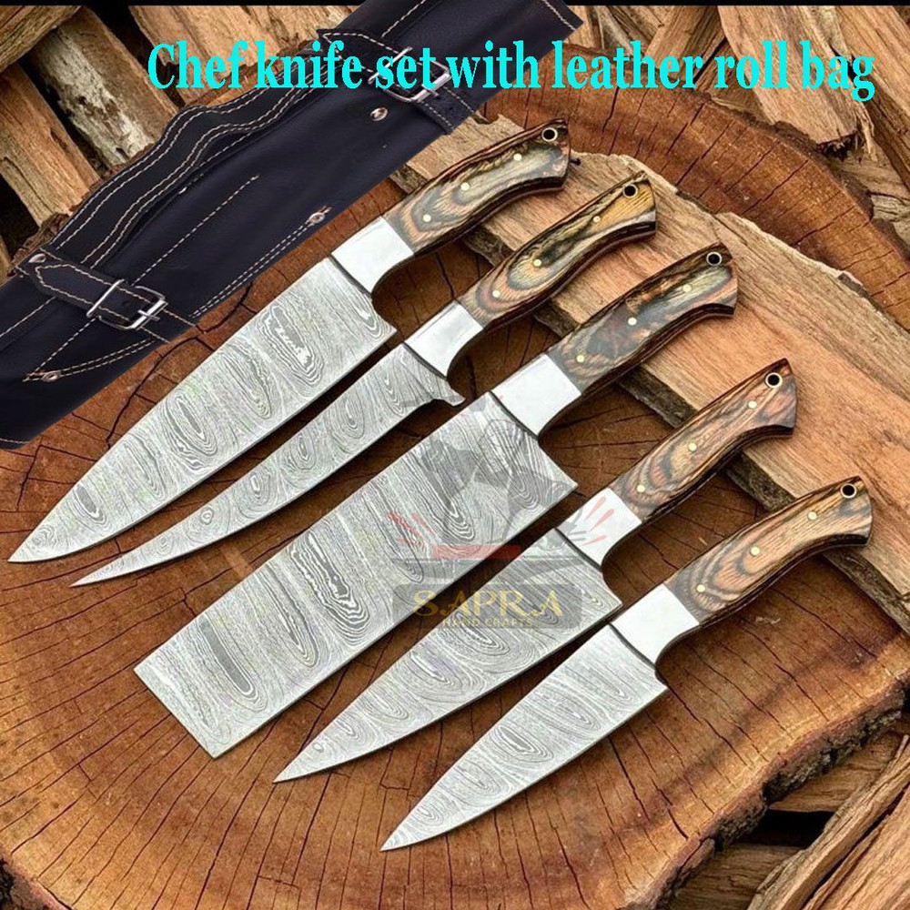 5piece Handmade Damascus Steel Kitchen Knife Set Leather Roll Bag 1