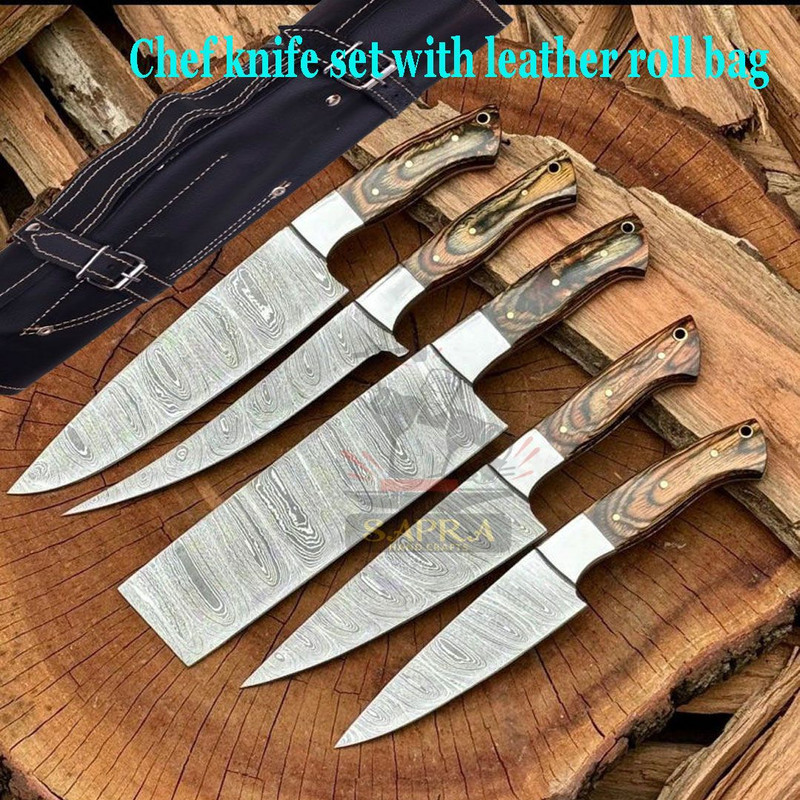 5piece Handmade Damascus Steel Kitchen Knife Set Leather Roll Bag 1