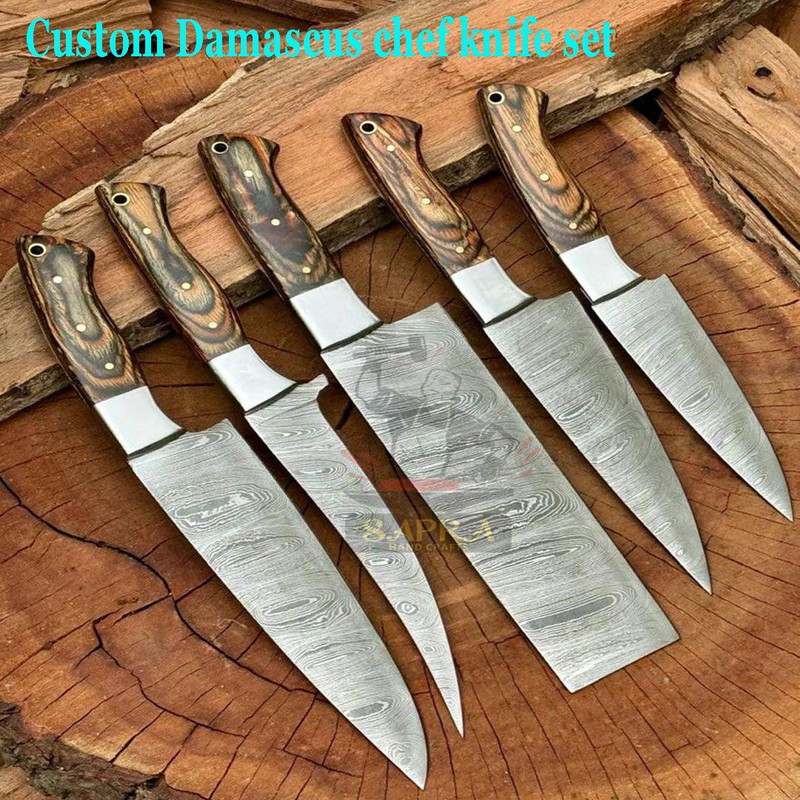 5piece Handmade Damascus Steel Kitchen Knife Set Leather Roll Bag 4