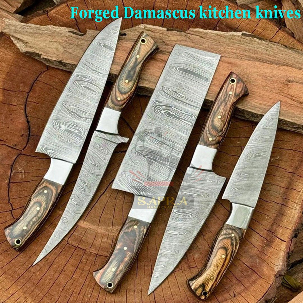 5piece Handmade Damascus Steel Kitchen Knife Set Leather Roll Bag 2