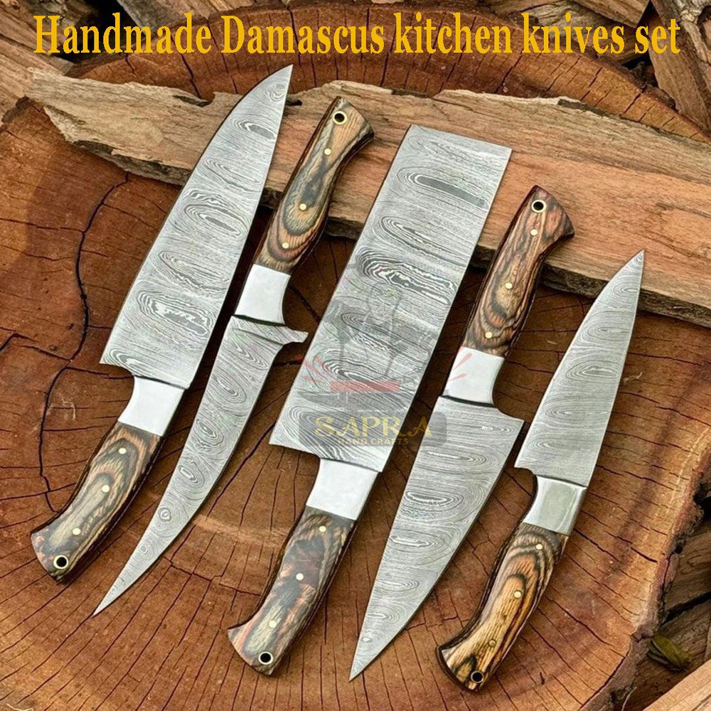 5piece Handmade Damascus Steel Kitchen Knife Set Leather Roll Bag 5