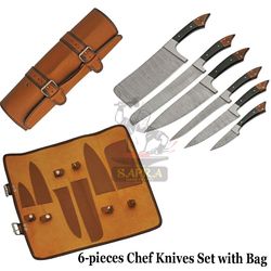 6-piece handmade damascus steel kitchen knife set with leather roll bag