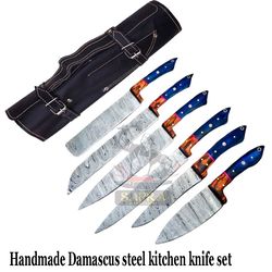 6-piece handmade forged damascus steel kitchen knife set with leather roll bag