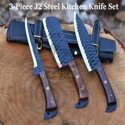 custom handmade powder-coated j2 steel kitchen knife set – 3-piece chef's edition