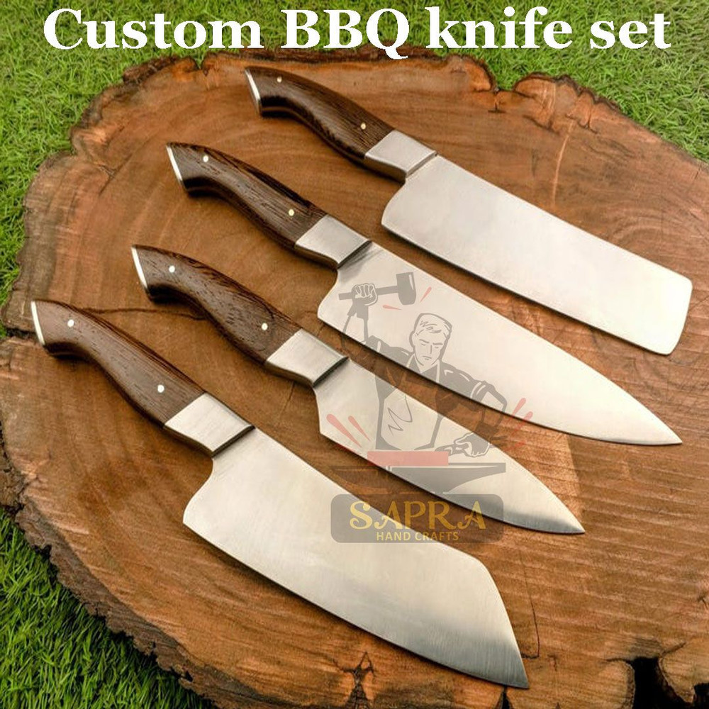 Custom Handmade J2 Steel Chef Knife Set  4Piece Professional Kitchen  BBQ Knives With Leather Roll  1