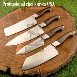 custom handmade j2 steel chef knife set – 4-piece professional kitchen & bbq knives with leather roll bag