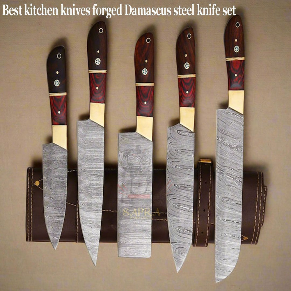 Custom Handcrafted 5Piece Forged Damascus Steel Kitchen Knife Set With Leather Bag 3