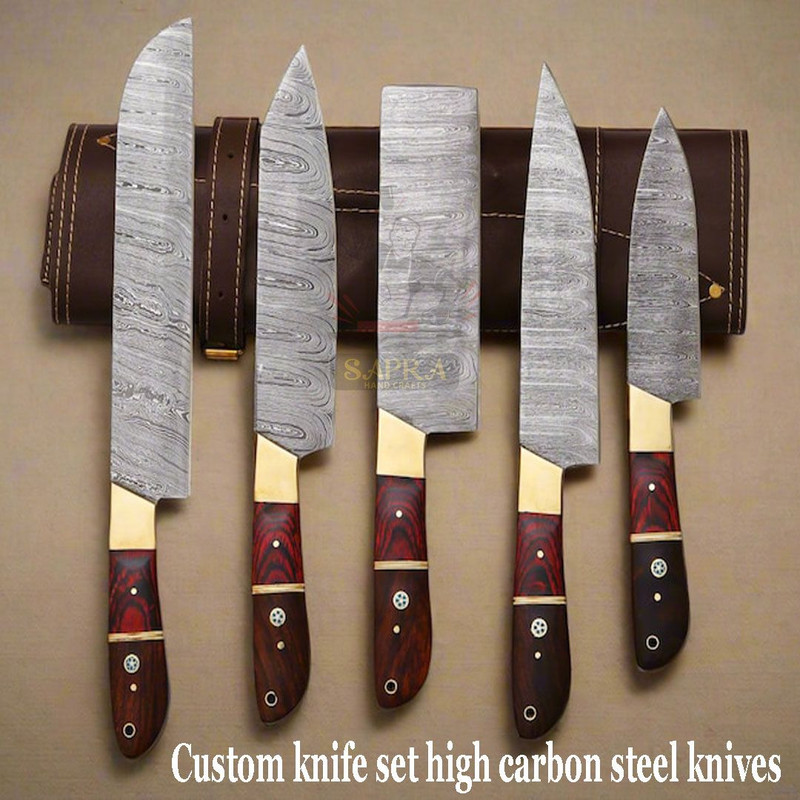 Custom Handcrafted 5Piece Forged Damascus Steel Kitchen Knife Set With Leather Bag 4