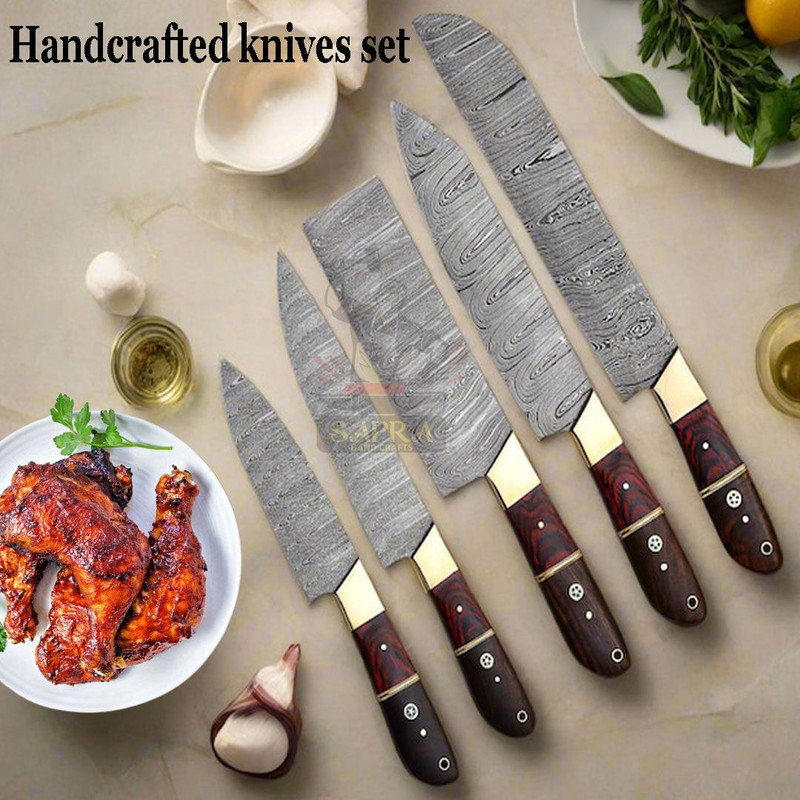 Custom Handcrafted 5Piece Forged Damascus Steel Kitchen Knife Set With Leather Bag 2