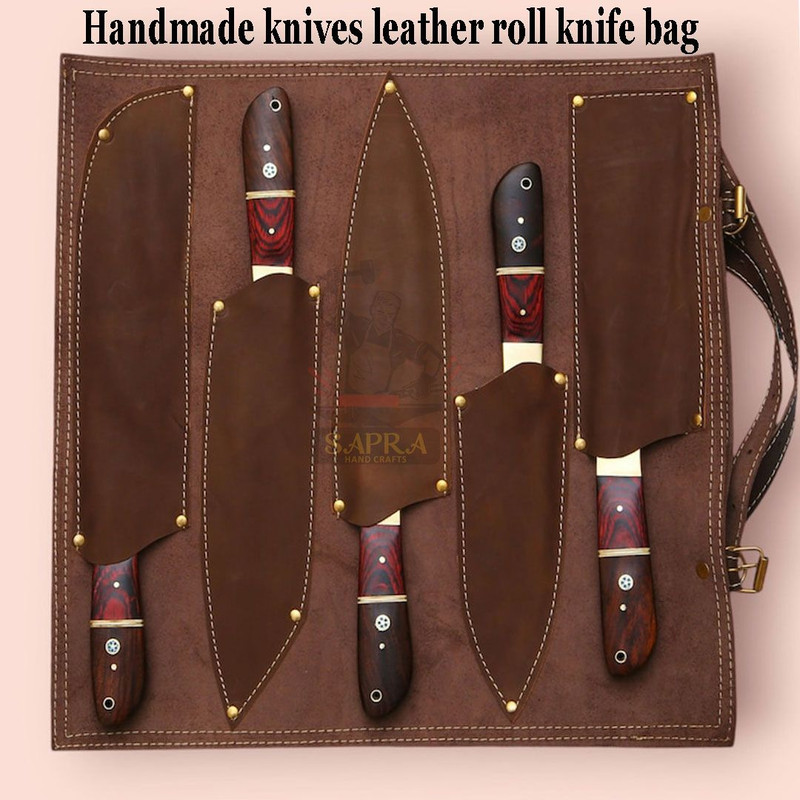 Custom Handcrafted 5Piece Forged Damascus Steel Kitchen Knife Set With Leather Bag 1