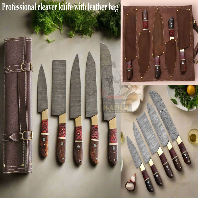 Custom Handcrafted 5Piece Forged Damascus Steel Kitchen Knife Set With Leather Bag 0
