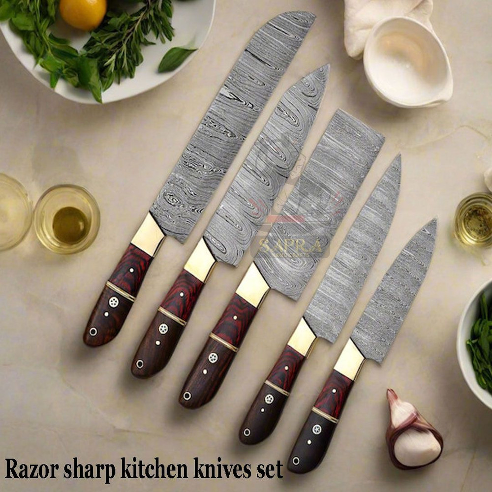 Custom Handcrafted 5Piece Forged Damascus Steel Kitchen Knife Set With Leather Bag 5