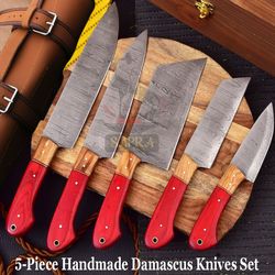premium 5-piece handcrafted damascus steel kitchen knife set with leather bag