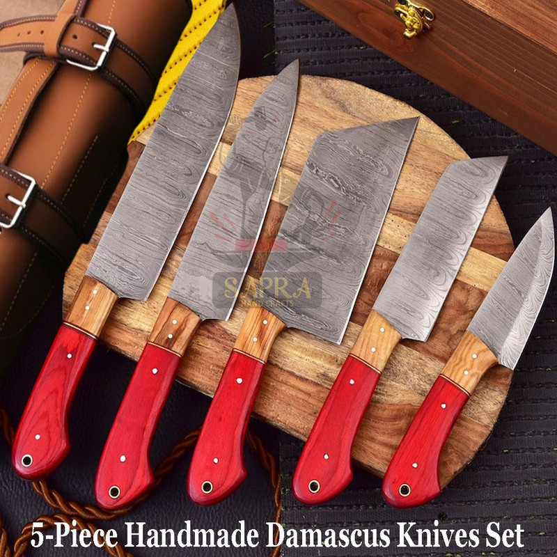 Premium 5Piece Handcrafted Damascus Steel Kitchen Knife Set With Leather Bag 0