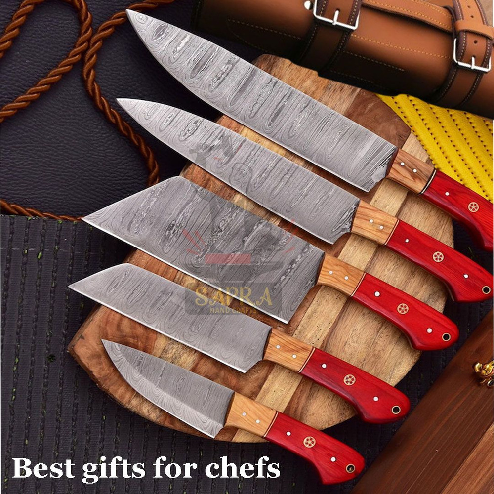 Premium 5Piece Handcrafted Damascus Steel Kitchen Knife Set With Leather Bag 1