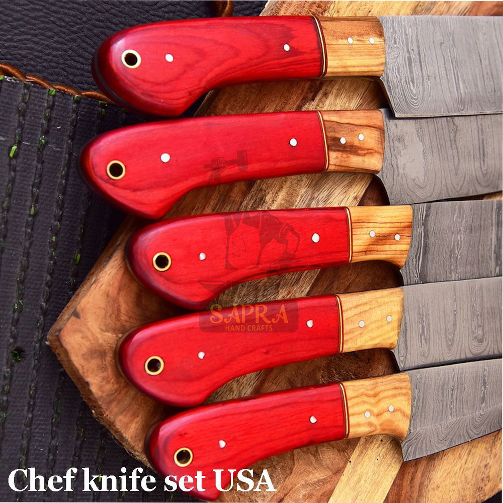 Premium 5Piece Handcrafted Damascus Steel Kitchen Knife Set With Leather Bag 3