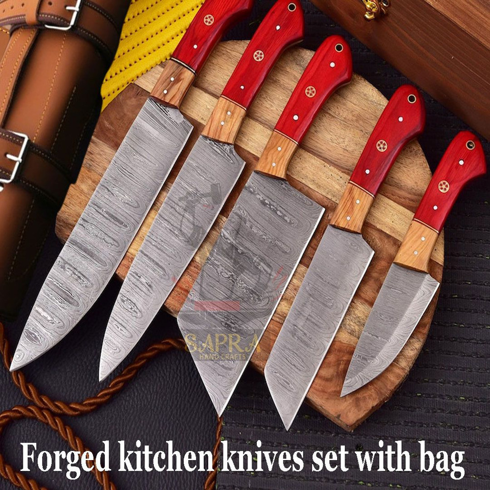Premium 5Piece Handcrafted Damascus Steel Kitchen Knife Set With Leather Bag 5