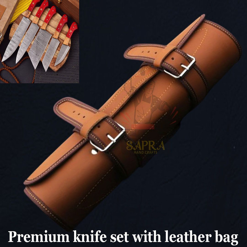 Premium 5Piece Handcrafted Damascus Steel Kitchen Knife Set With Leather Bag 2