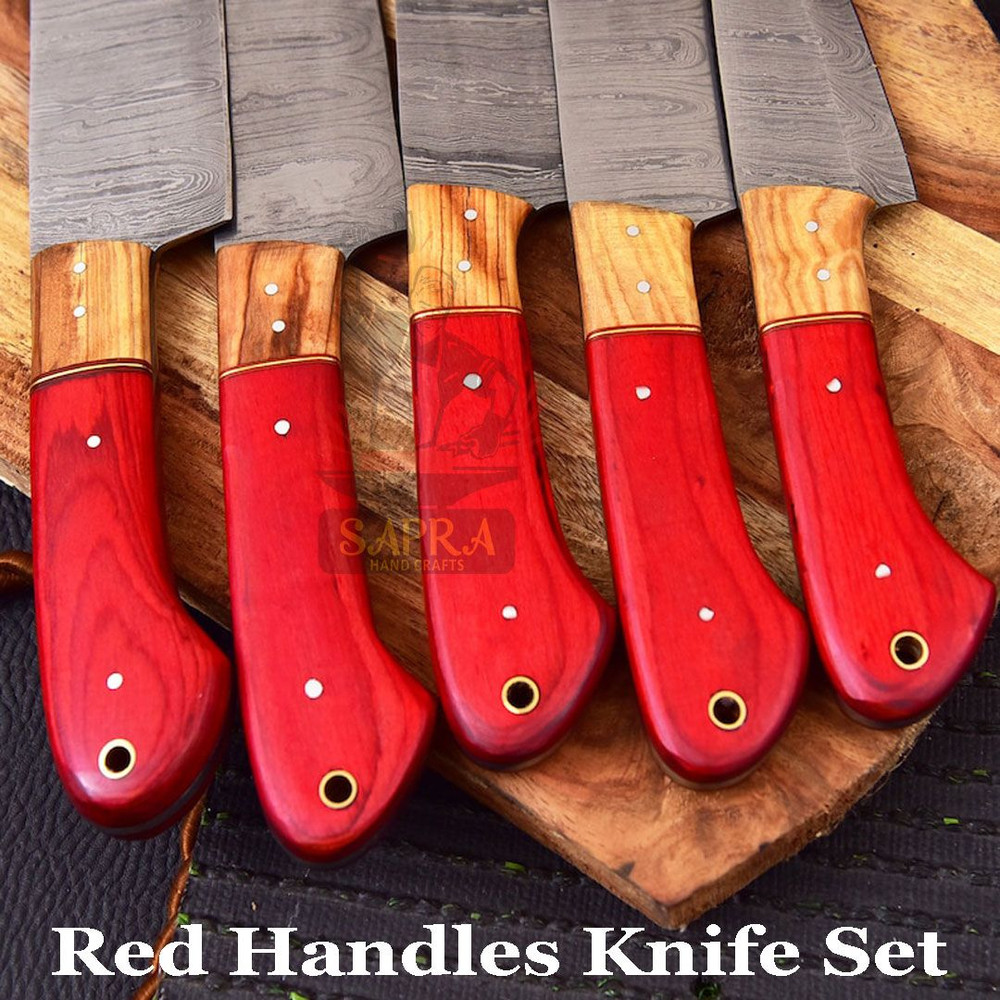 Premium 5Piece Handcrafted Damascus Steel Kitchen Knife Set With Leather Bag 6