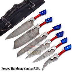 custom handcrafted 6-piece forged damascus steel kitchen knife set – texas flag handles with leather bag