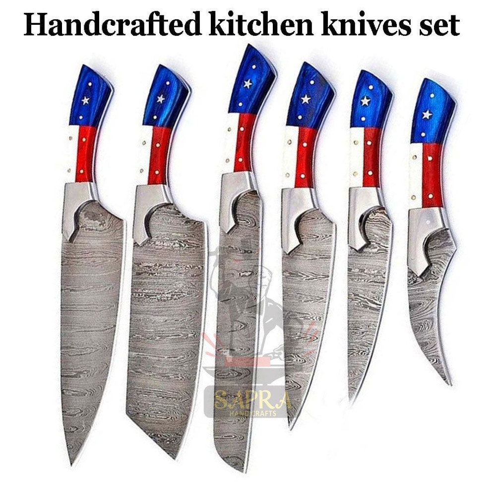 Custom Handcrafted 6Piece Forged Damascus Steel Kitchen Knife Set Texas Flag Handles With Leather 1