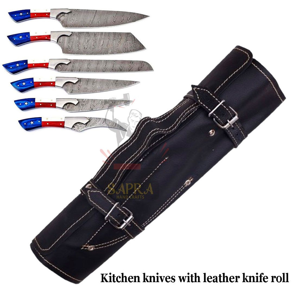 Custom Handcrafted 6Piece Forged Damascus Steel Kitchen Knife Set Texas Flag Handles With Leather 2