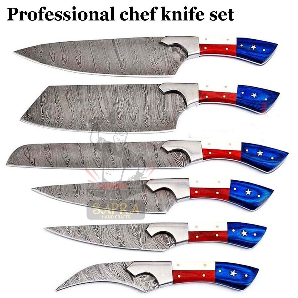 Custom Handcrafted 6Piece Forged Damascus Steel Kitchen Knife Set Texas Flag Handles With Leather 4