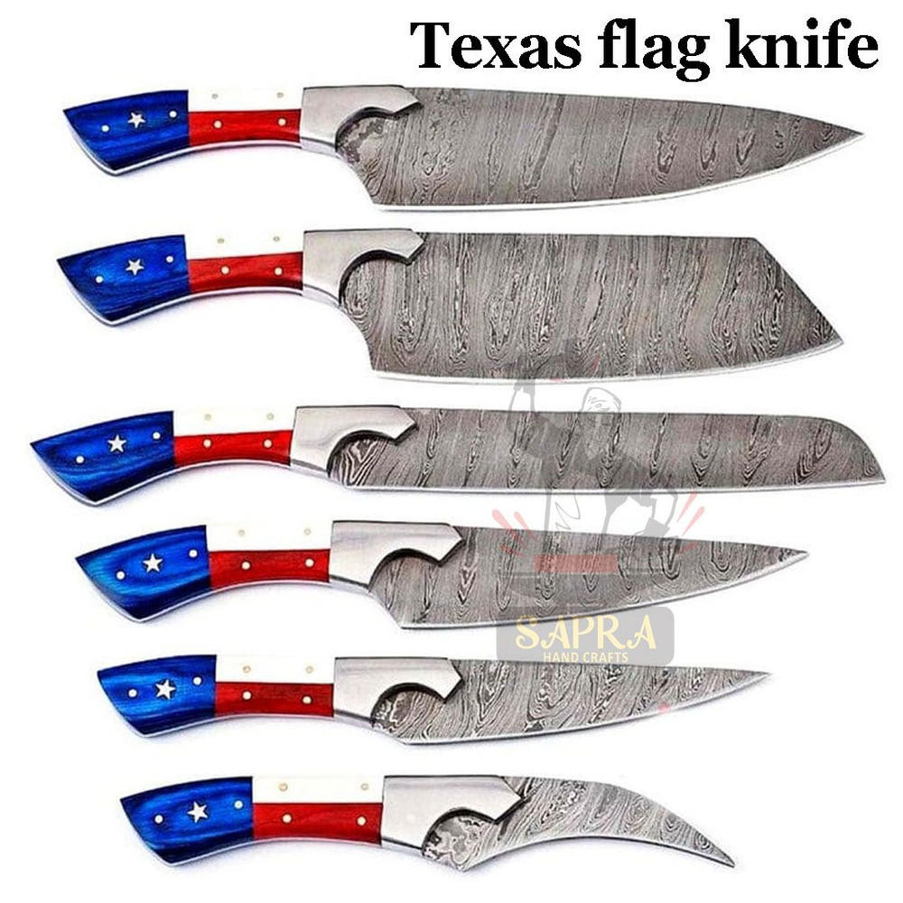 Custom Handcrafted 6Piece Forged Damascus Steel Kitchen Knife Set Texas Flag Handles With Leather 5