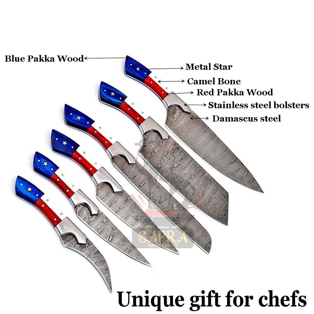 Custom Handcrafted 6Piece Forged Damascus Steel Kitchen Knife Set Texas Flag Handles With Leather 3
