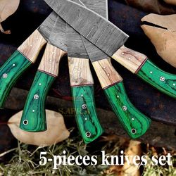 handmade 5-piece forged damascus steel chef knife set with leather roll bag – premium kitchen knives