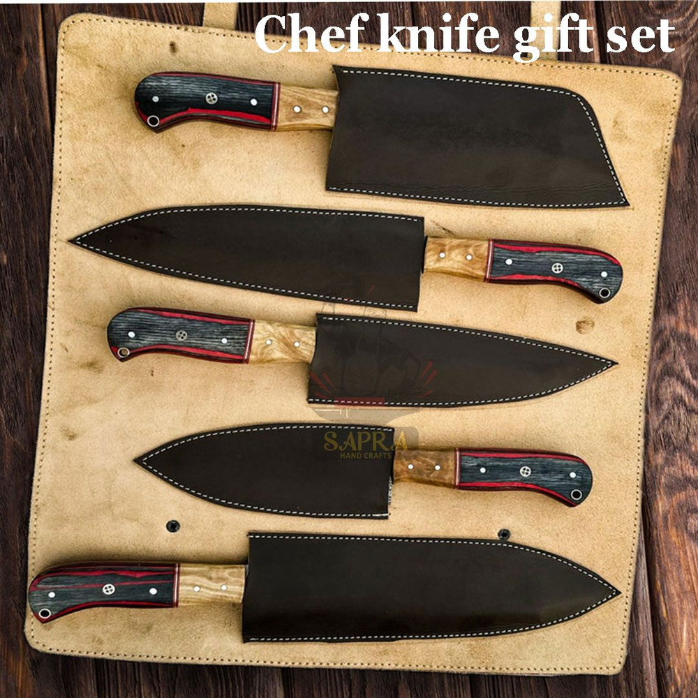 Handmadedamascussteelchefknifesetwithleatherrollbag 2