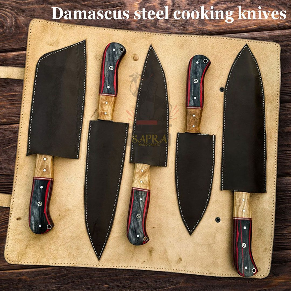 Handmadedamascussteelchefknifesetwithleatherrollbag 5