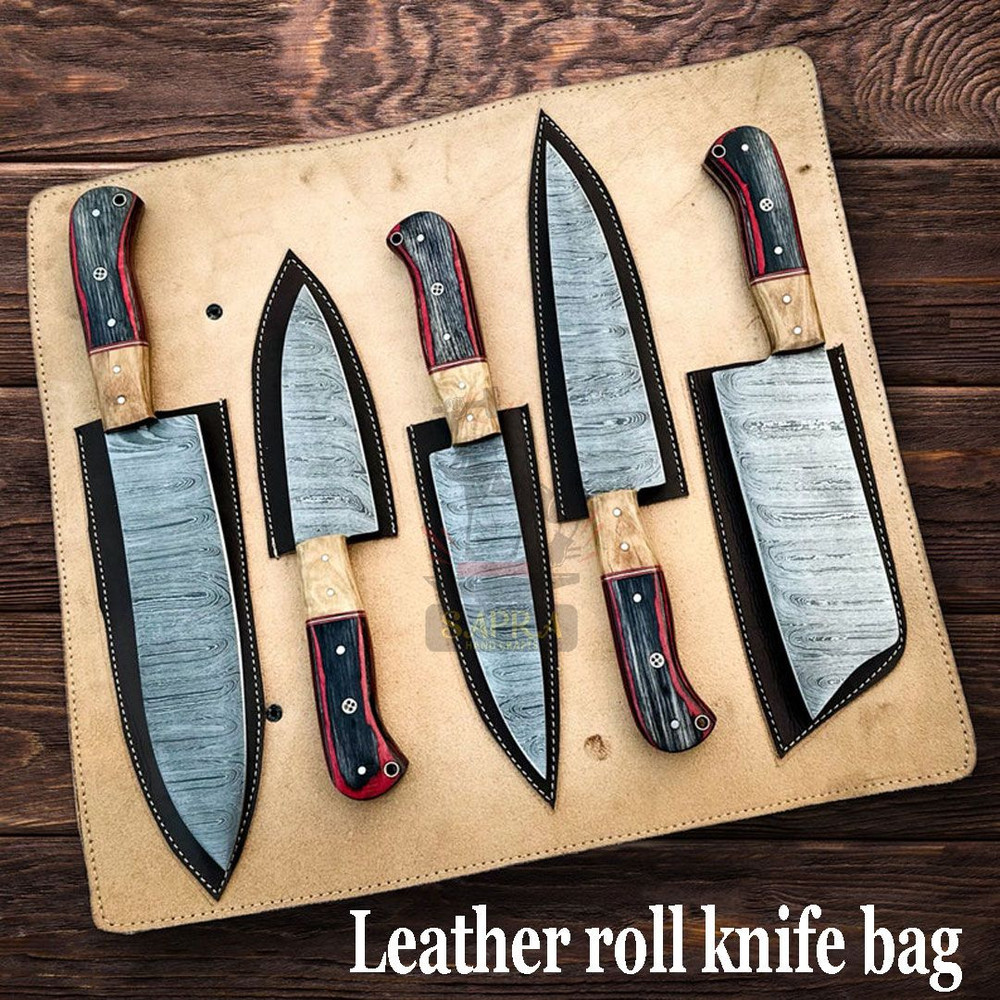 Handmadedamascussteelchefknifesetwithleatherrollbag 1
