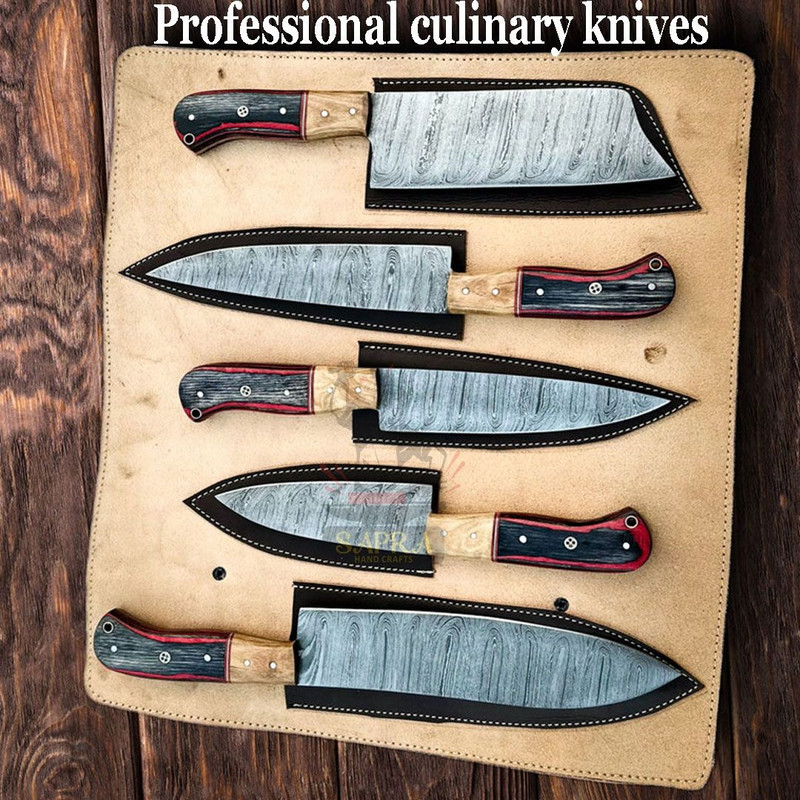 Handmadedamascussteelchefknifesetwithleatherrollbag 6