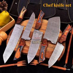 handmade-forged-damascus-kitchen-knife-set-leather-roll-bag