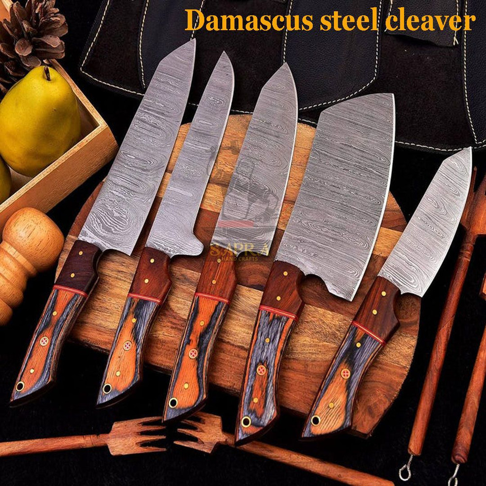 HandmadeForgedDamascusKitchenKnifeSetLeatherRollBag 1