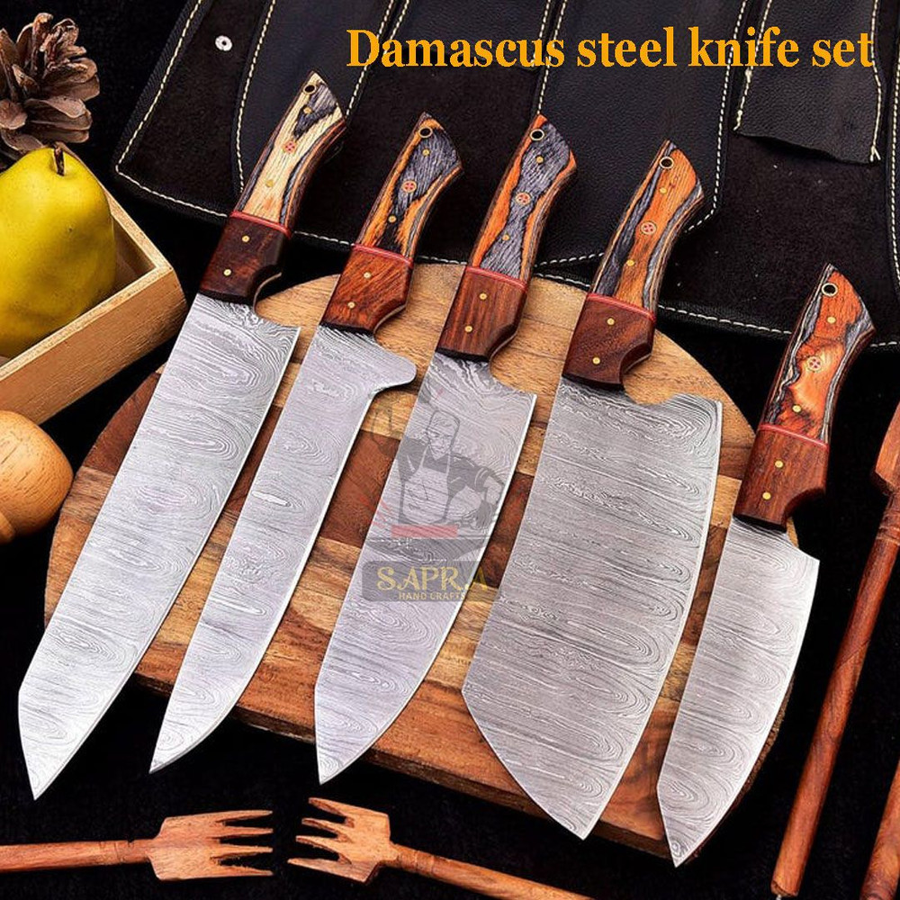 HandmadeForgedDamascusKitchenKnifeSetLeatherRollBag 5