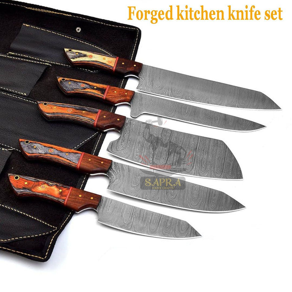 HandmadeForgedDamascusKitchenKnifeSetLeatherRollBag 6