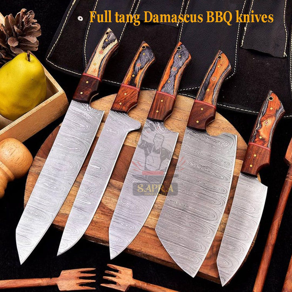 HandmadeForgedDamascusKitchenKnifeSetLeatherRollBag 4