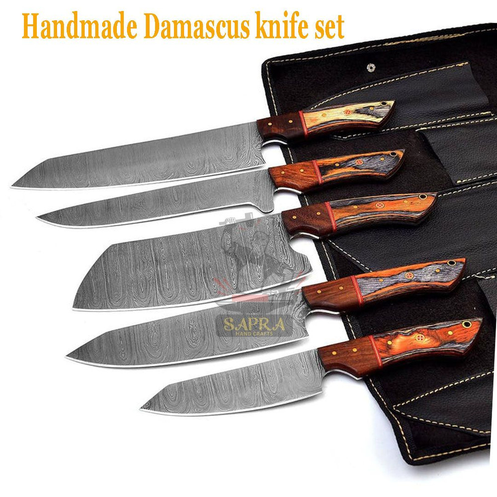 HandmadeForgedDamascusKitchenKnifeSetLeatherRollBag 7