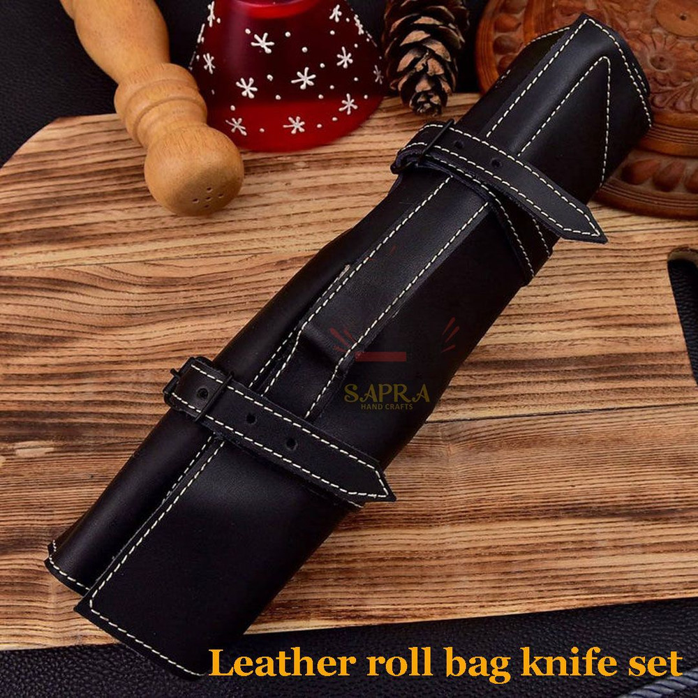 HandmadeForgedDamascusKitchenKnifeSetLeatherRollBag 3